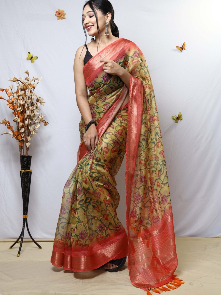 Buy MySilkLove Calico Yellow Organza Kalamkari Printed with Sequins Jacquard Woven Saree Online