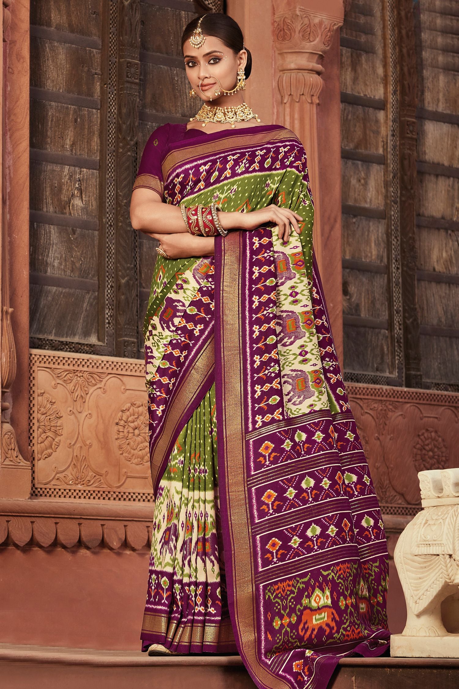 Buy MySilkLove Sycamore Green and Purple Patola Printed Art Silk Saree Online