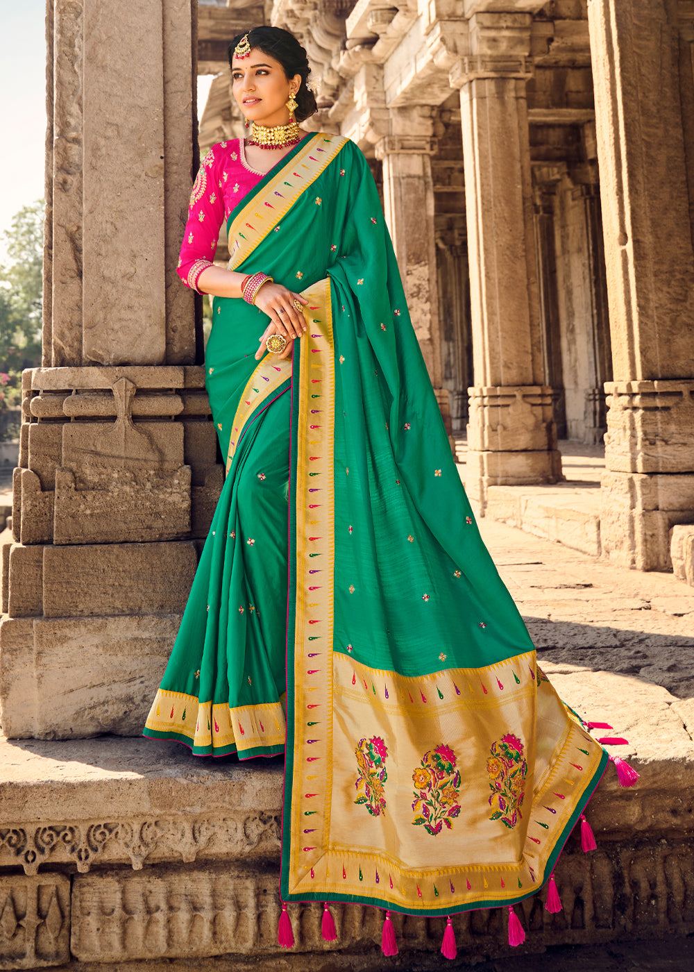 Buy MySilkLove Salem Green Banarasi Woven Silk Saree with Designer Blouse Online