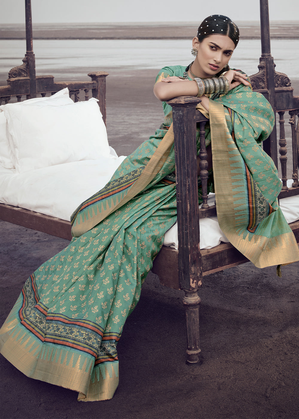 Buy MySilkLove Oxley Green Printed Designer Silk Saree Online