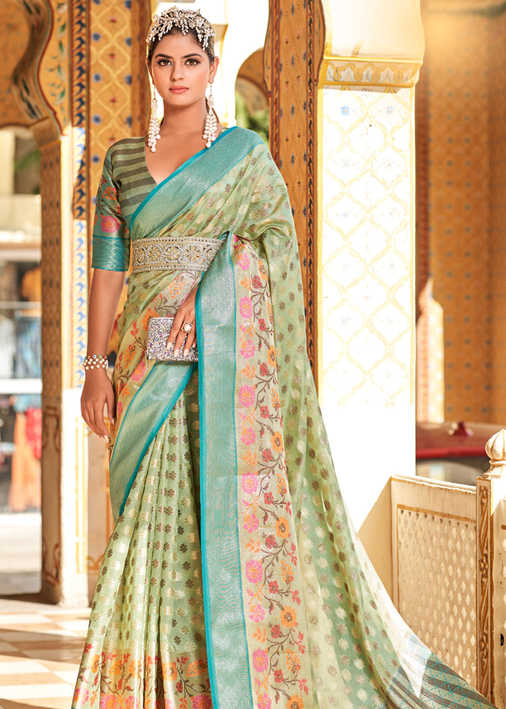 MySilkLove Norway Green Banarasi Tissue Woven Silk Saree