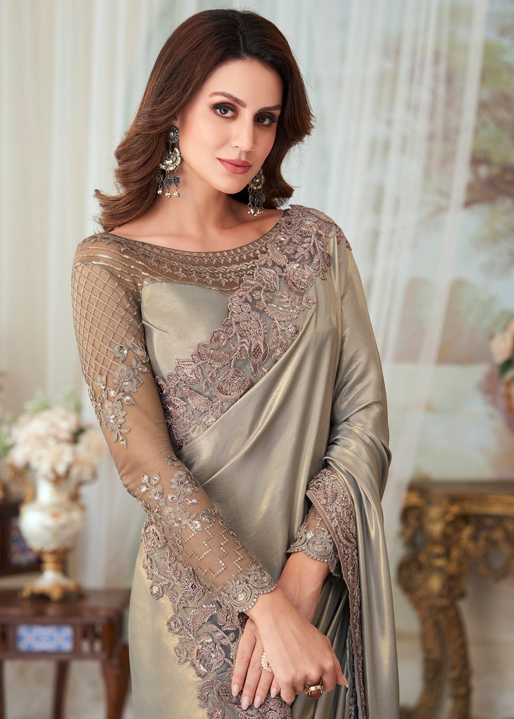 MySilkLove Royal Grey Designer Embroidered Satin Silk Saree