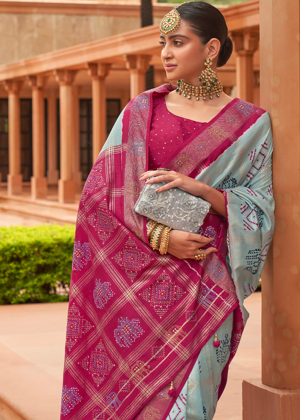 Buy MySilkLove Edward Blue and Pink Patola Silk Saree Online