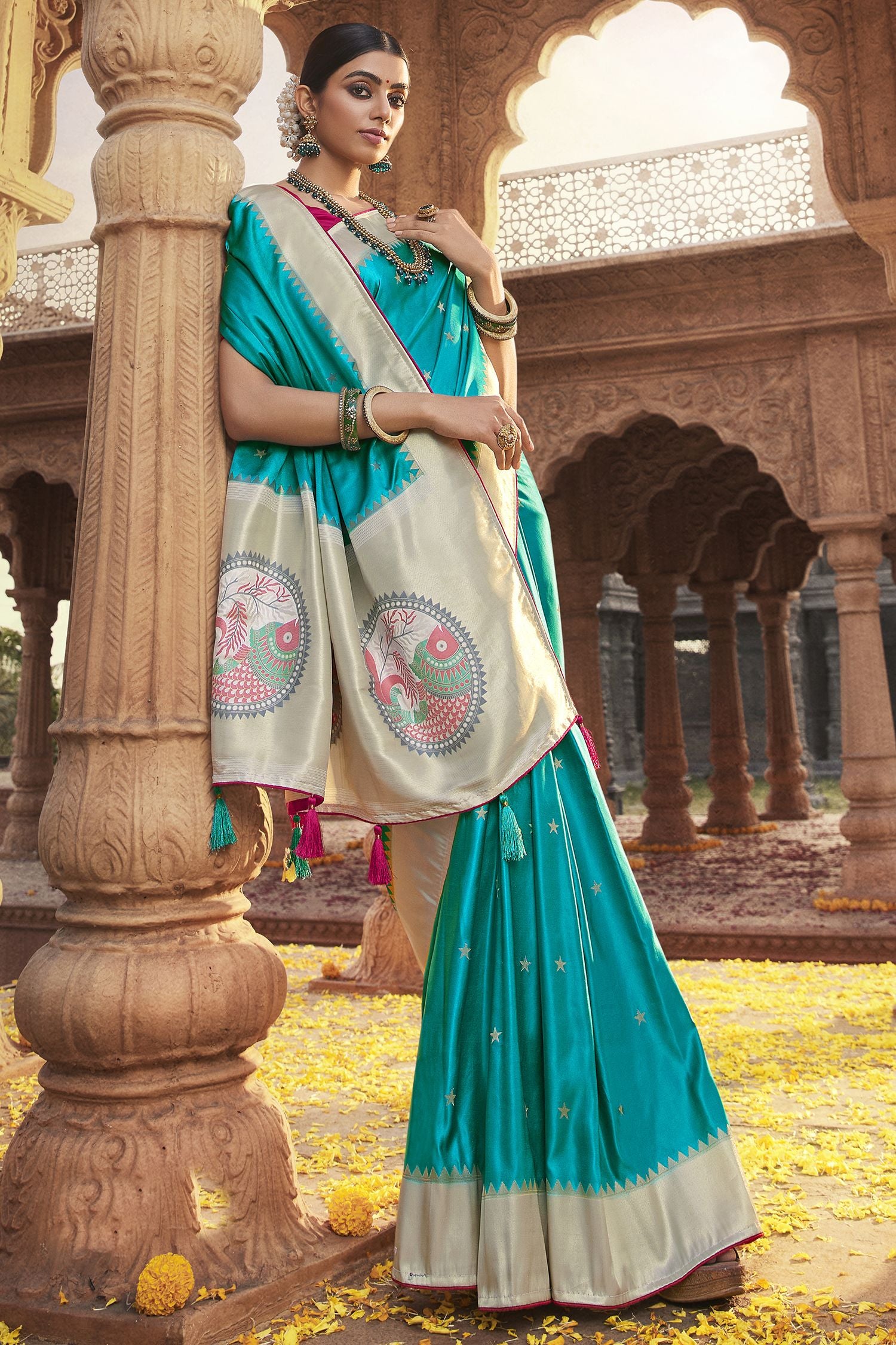 Buy MySilkLove Scooter Blue Designer Banarasi Satin Silk Saree Online