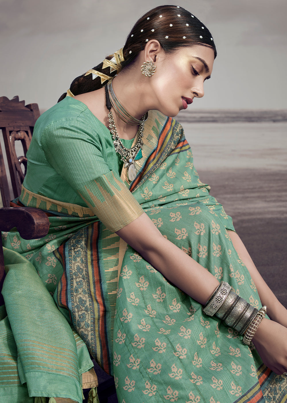 Buy MySilkLove Oxley Green Printed Designer Silk Saree Online