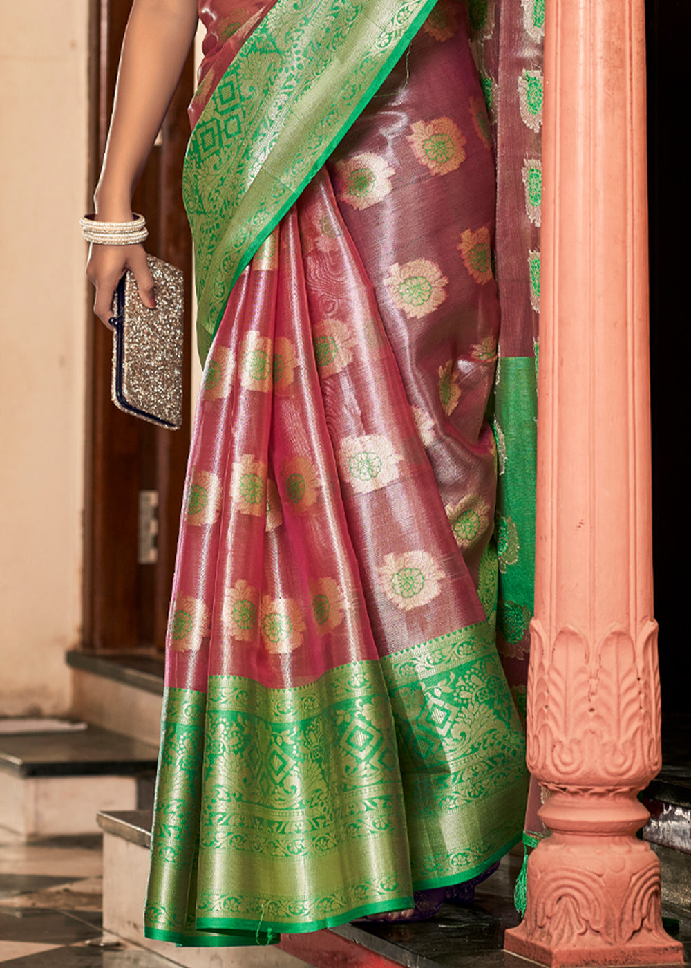 Buy MySilkLove Tosca Brown and Green Woven Banarasi Organza Silk Saree Online