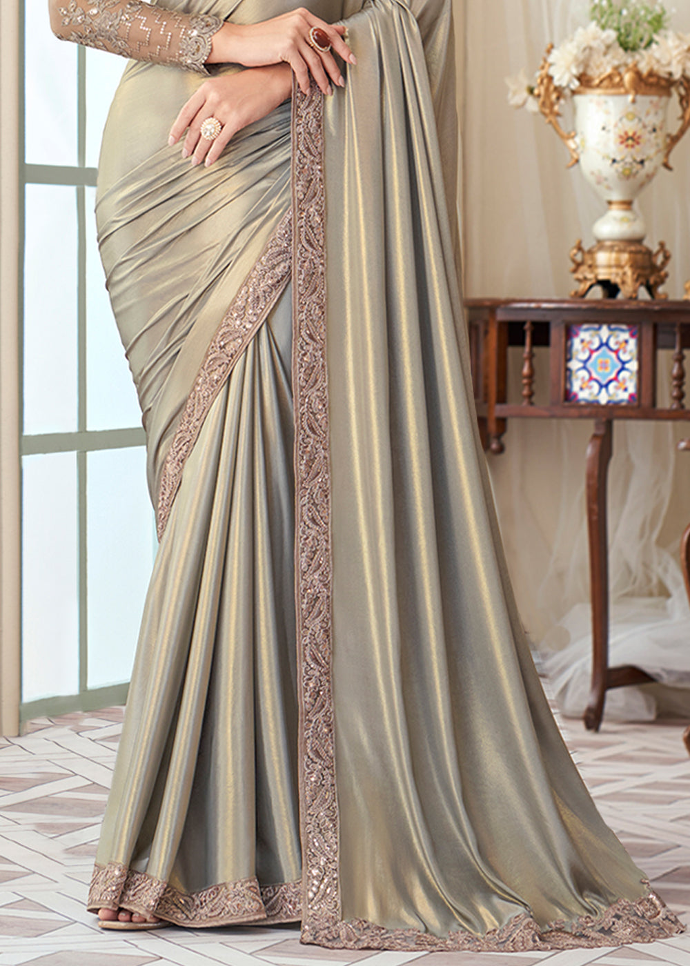 Royal Grey Designer Embroidered Satin Silk Saree