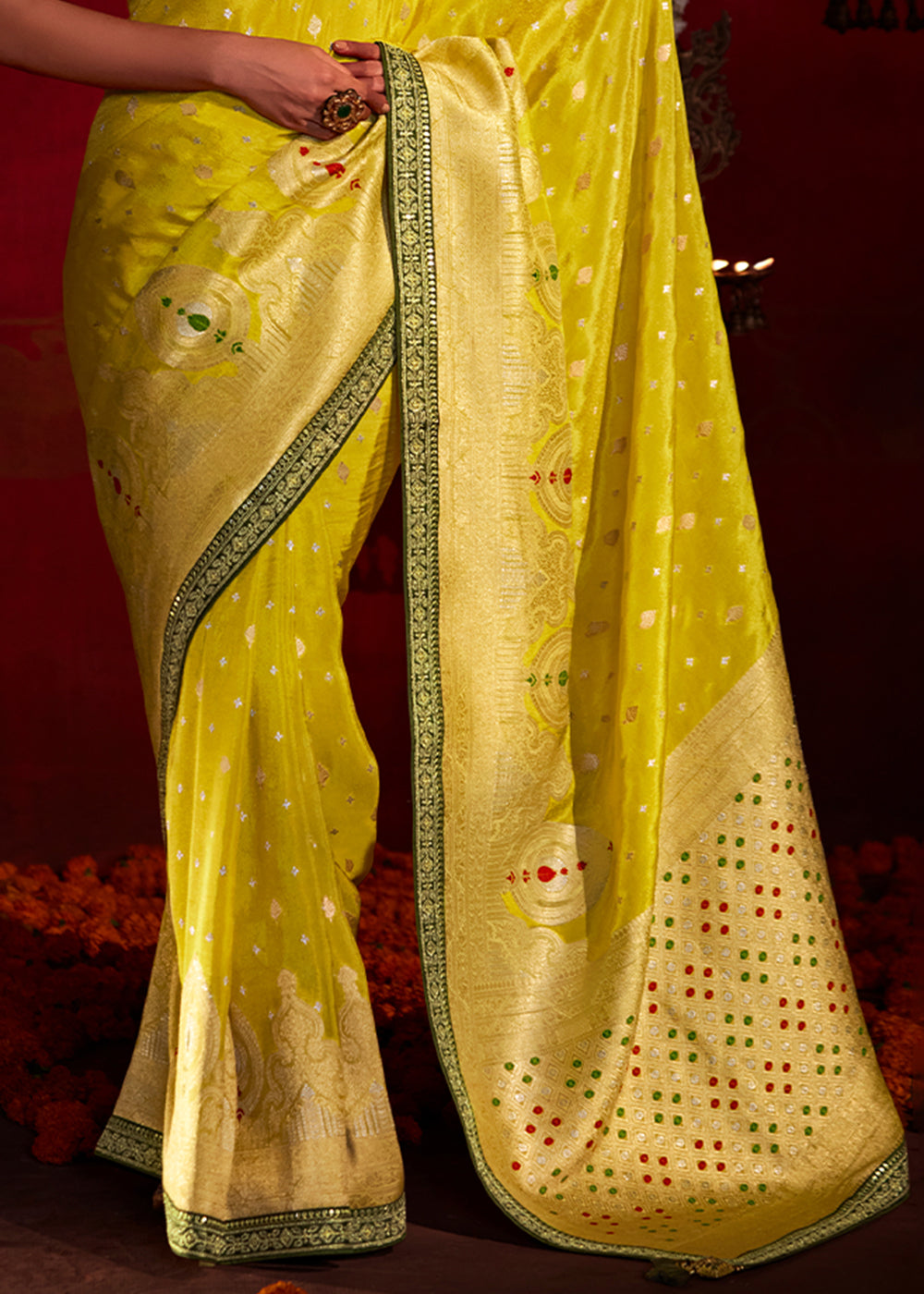 Buy MySilkLove Gold Tips Yellow Woven Banarasi Georgette Silk Saree Online