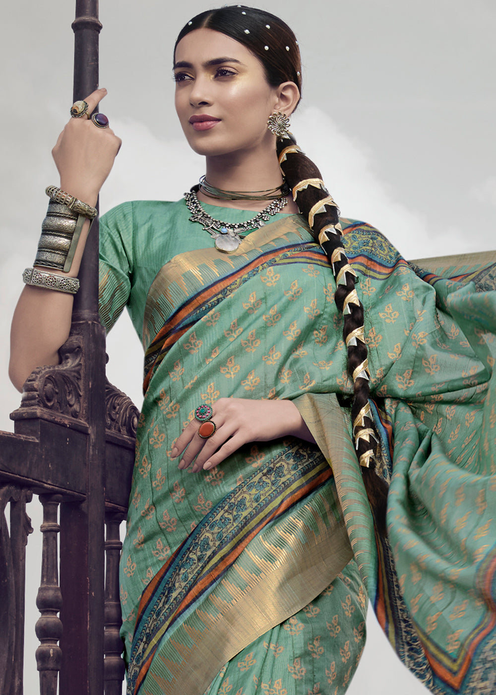 Buy MySilkLove Oxley Green Printed Designer Silk Saree Online