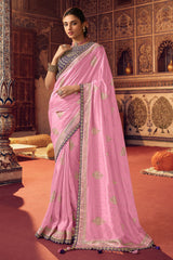 Charm Pink Organza Woven Silk Saree With Peacock Motifs