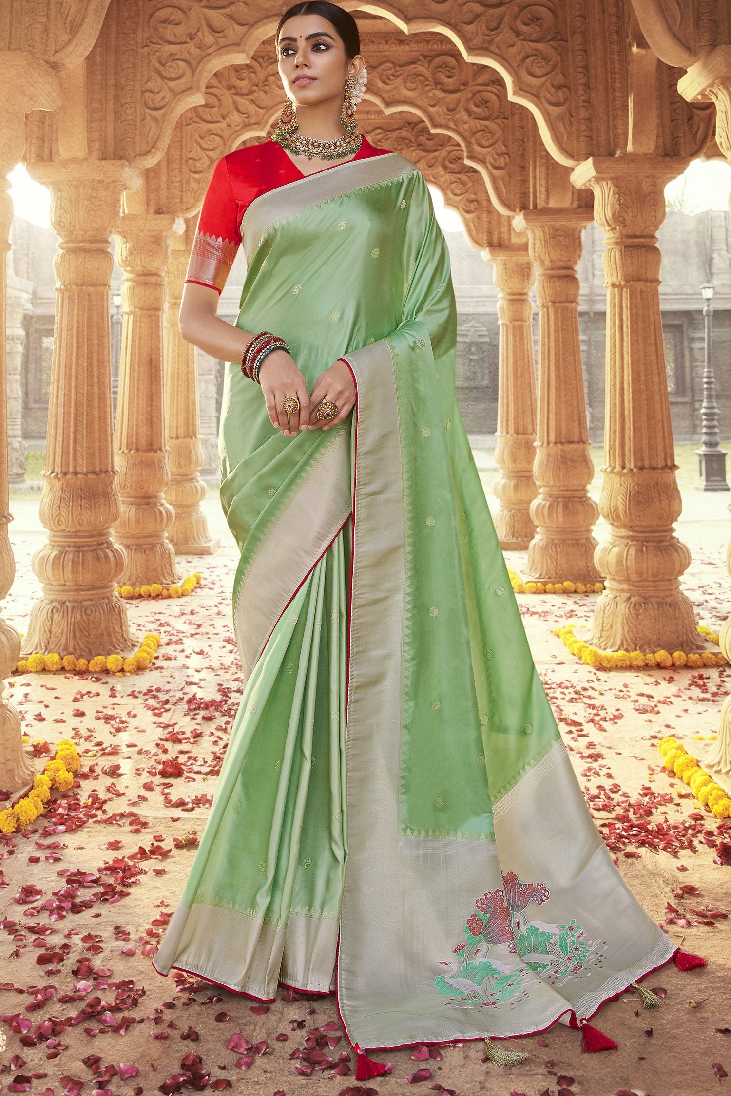 Buy MySilkLove Norway Green Designer Banarasi Satin Silk Saree Online