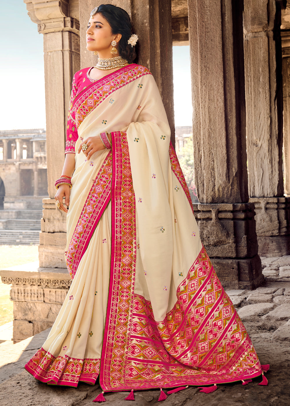 Buy MySilkLove Dairy Cream Banarasi Woven Silk Saree with Designer Blouse Online