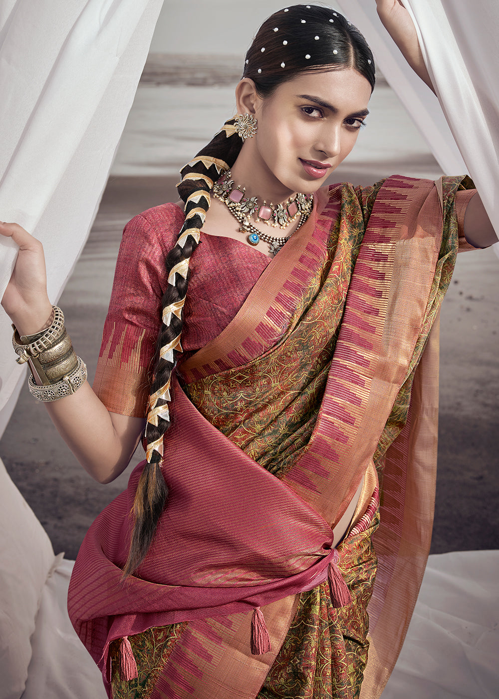 Buy MySilkLove Dirt Brown Printed Designer Silk Saree Online