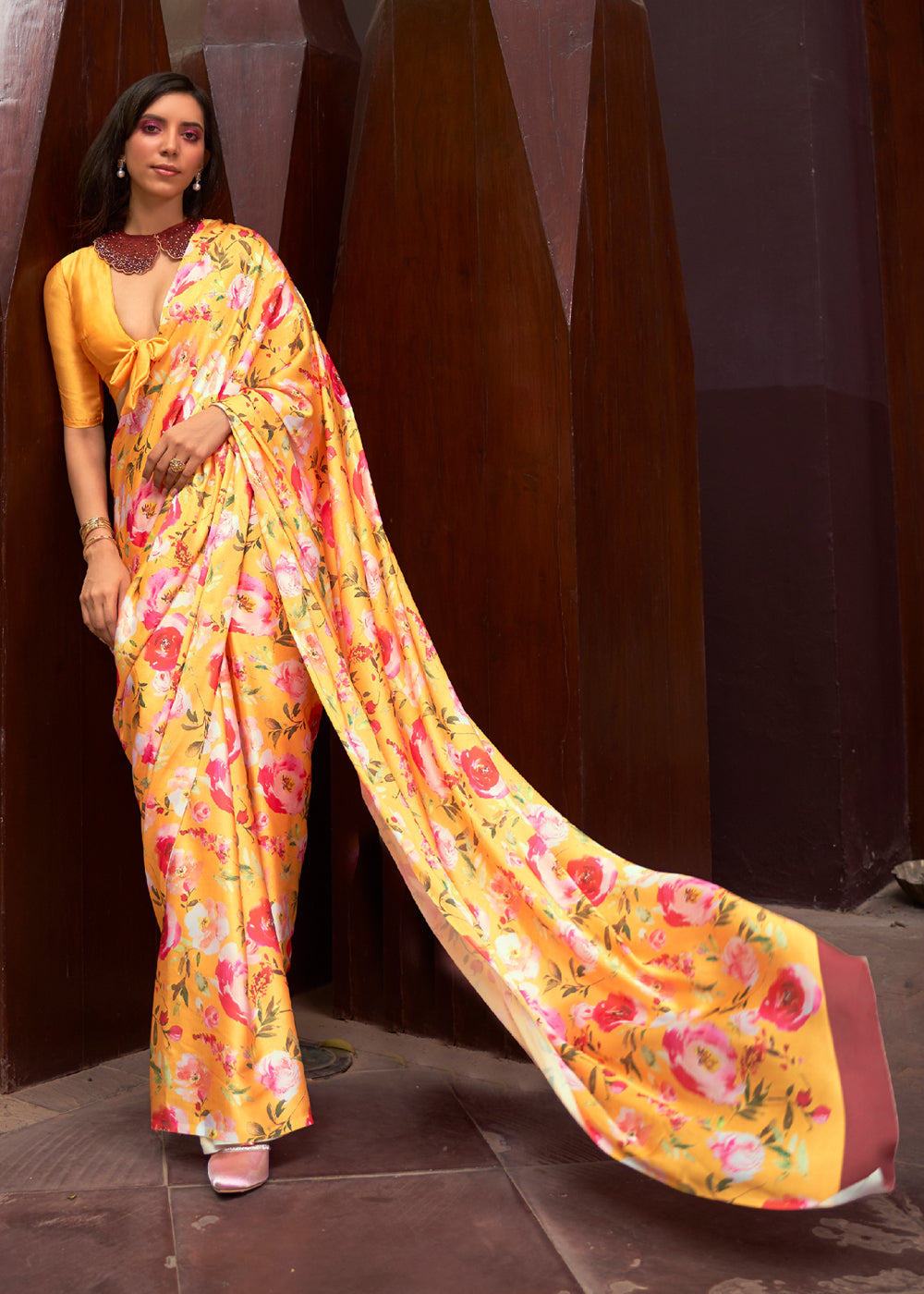 Buy MySilkLove Goldenrod Yellow Floral Printed Satin Silk Saree Online