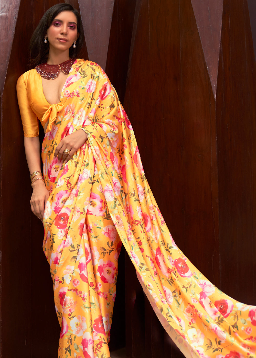 Buy MySilkLove Goldenrod Yellow Floral Printed Satin Silk Saree Online