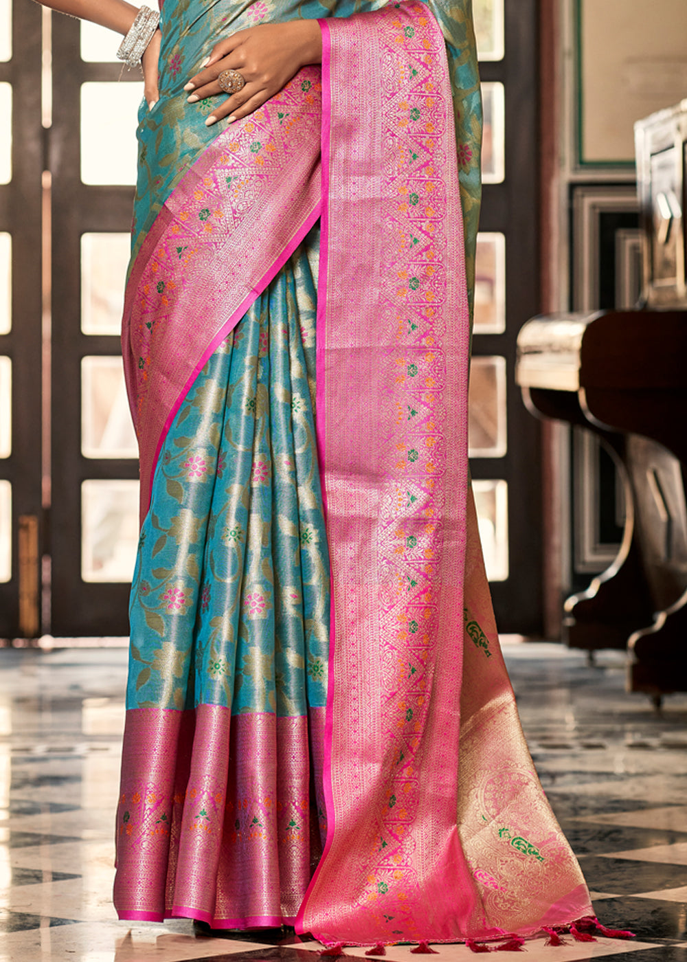 Buy MySilkLove Surf Blue and Pink Woven Banarasi Organza Silk Saree Online