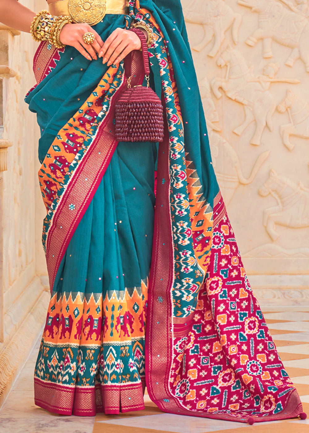 Buy MySilkLove Blue Chill and Pink Woven Patola Silk Saree Online