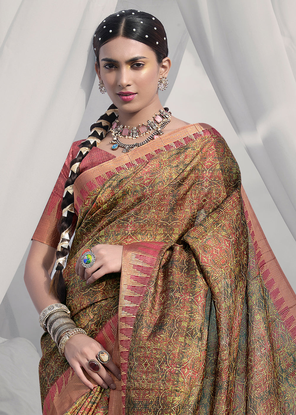 Buy MySilkLove Dirt Brown Printed Designer Silk Saree Online