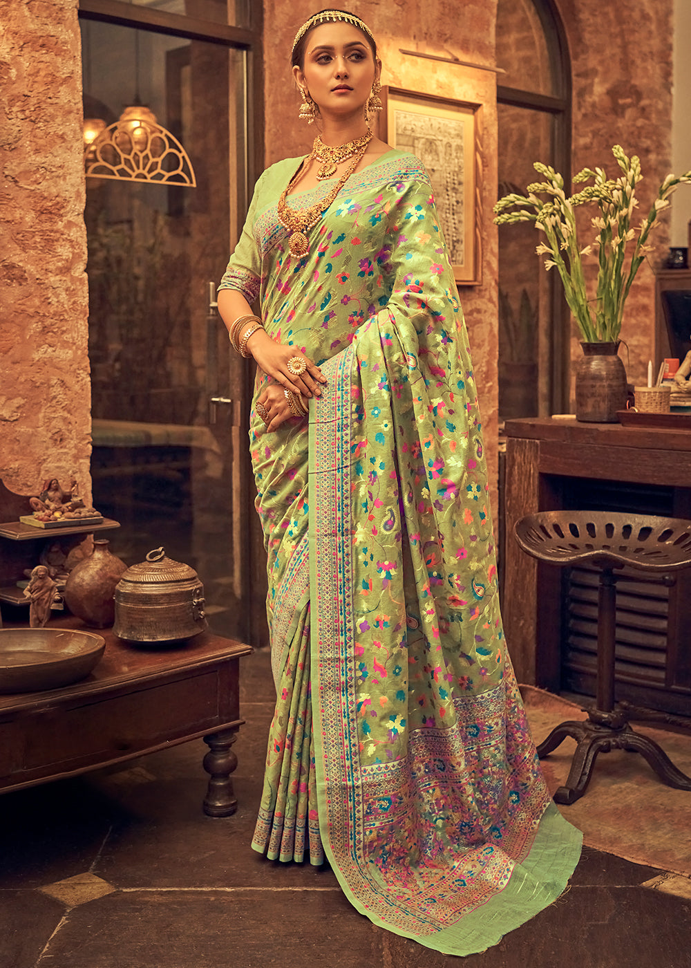 Buy MySilkLove Celery Green Kashmiri Jamewar Woven Silk Saree Online