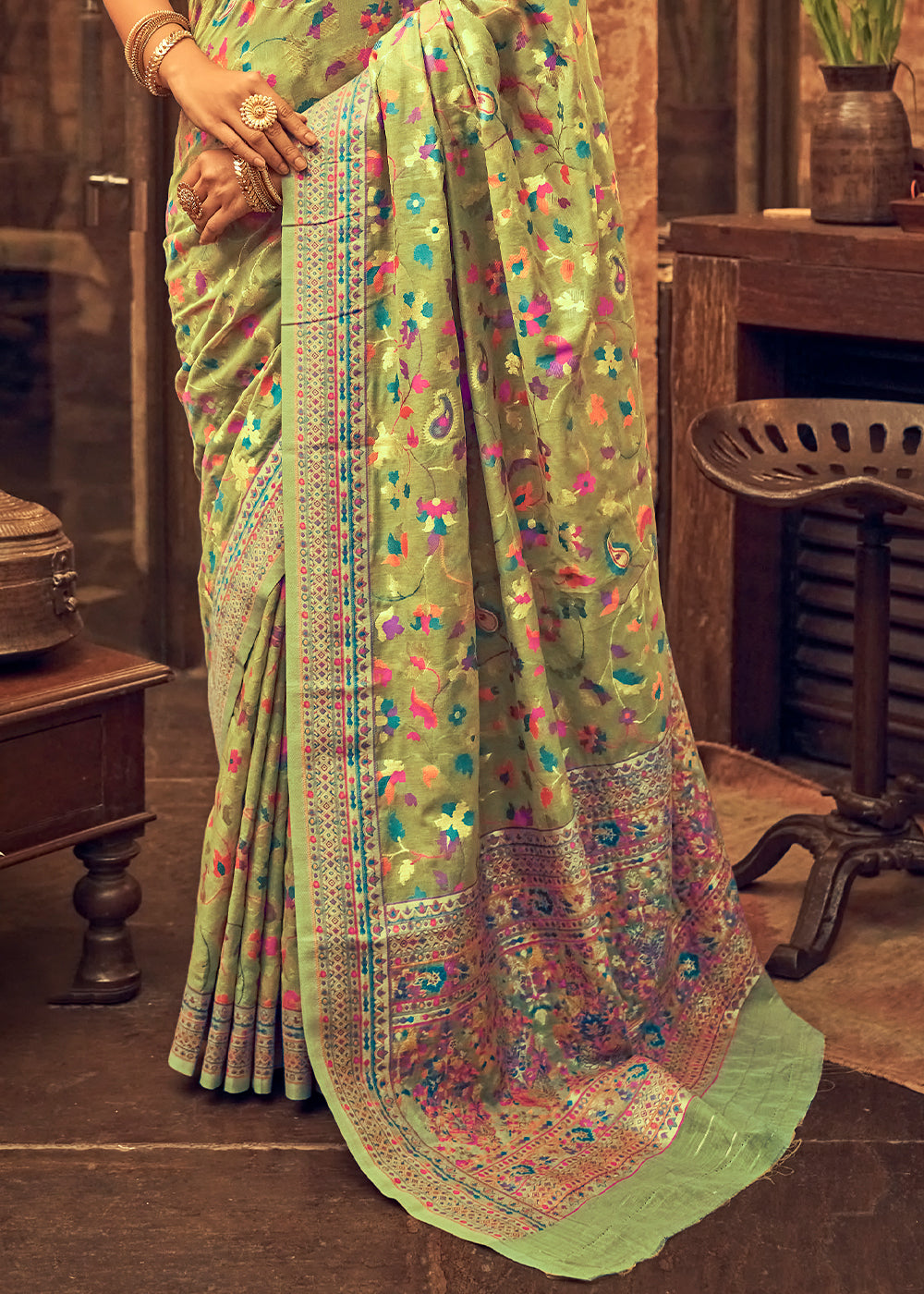 Buy MySilkLove Celery Green Kashmiri Jamewar Woven Silk Saree Online