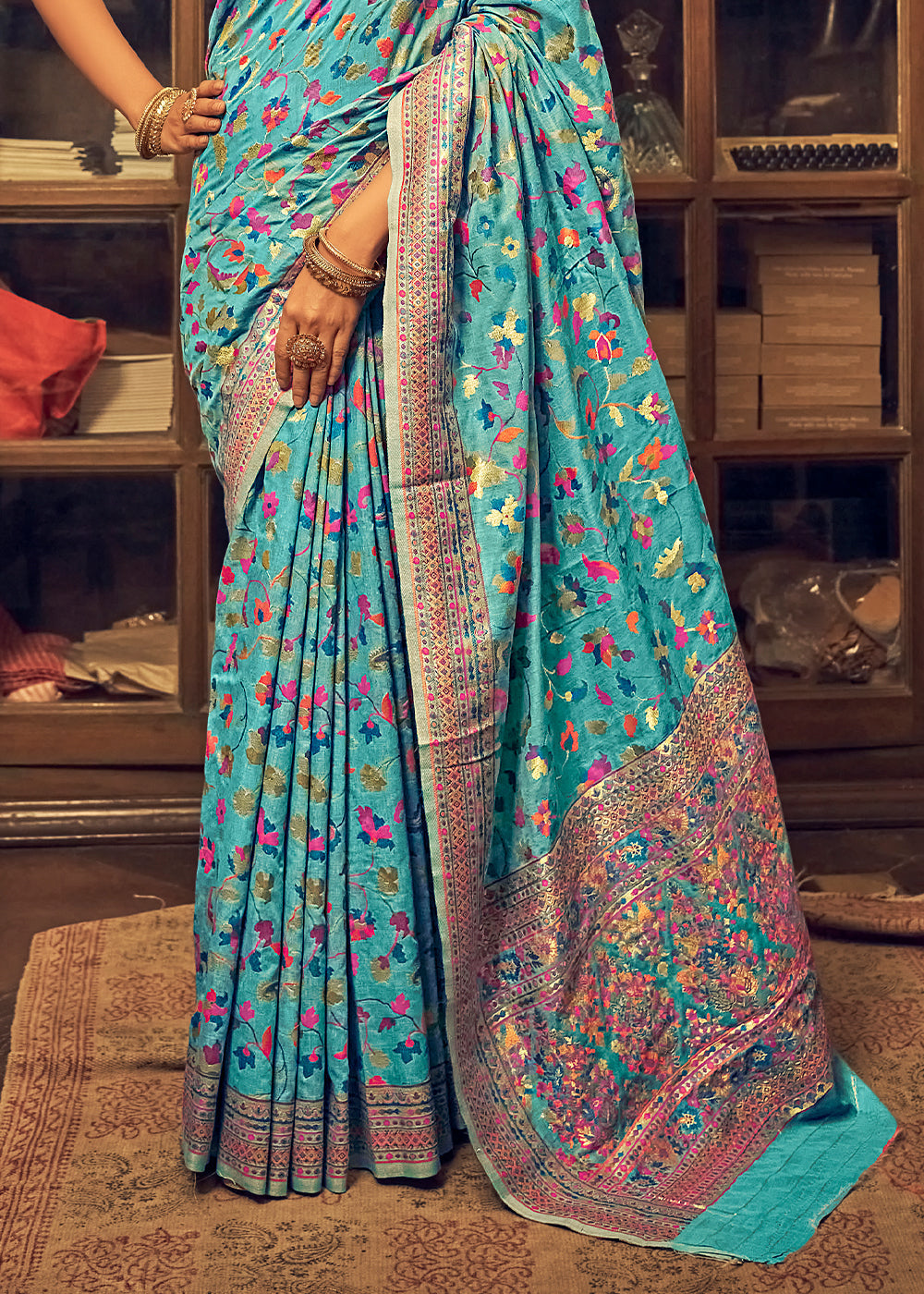 Buy MySilkLove Sinbad Blue Kashmiri Jamewar Woven Silk Saree Online