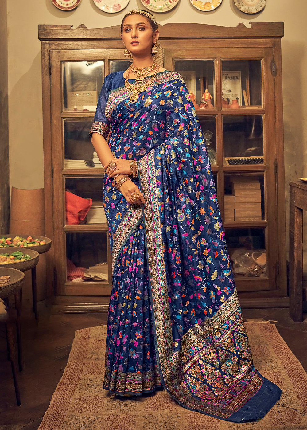 Buy MySilkLove Blue Bayoux Kashmiri Jamewar Woven Silk Saree Online