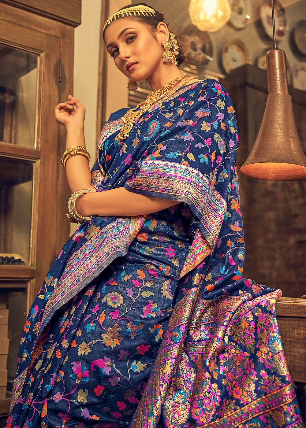 Buy MySilkLove Blue Bayoux Kashmiri Jamewar Woven Silk Saree Online