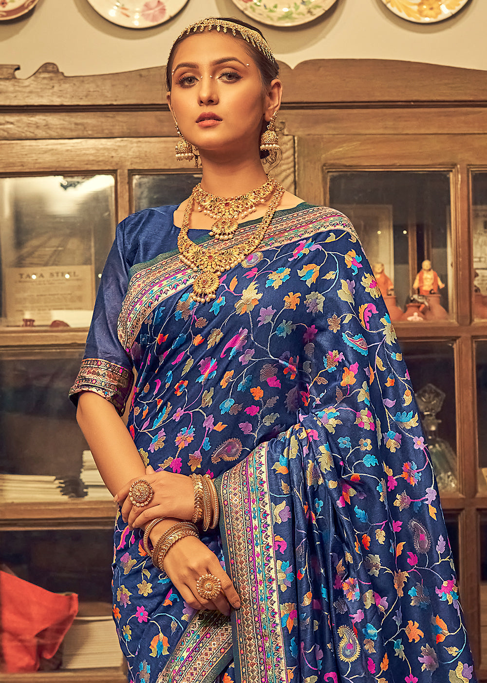 Buy MySilkLove Blue Bayoux Kashmiri Jamewar Woven Silk Saree Online