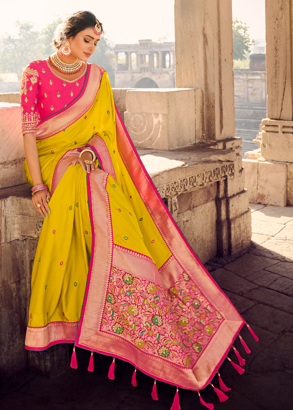 Buy MySilkLove Supernova Yellow Banarasi Woven Silk Saree with Designer Blouse Online