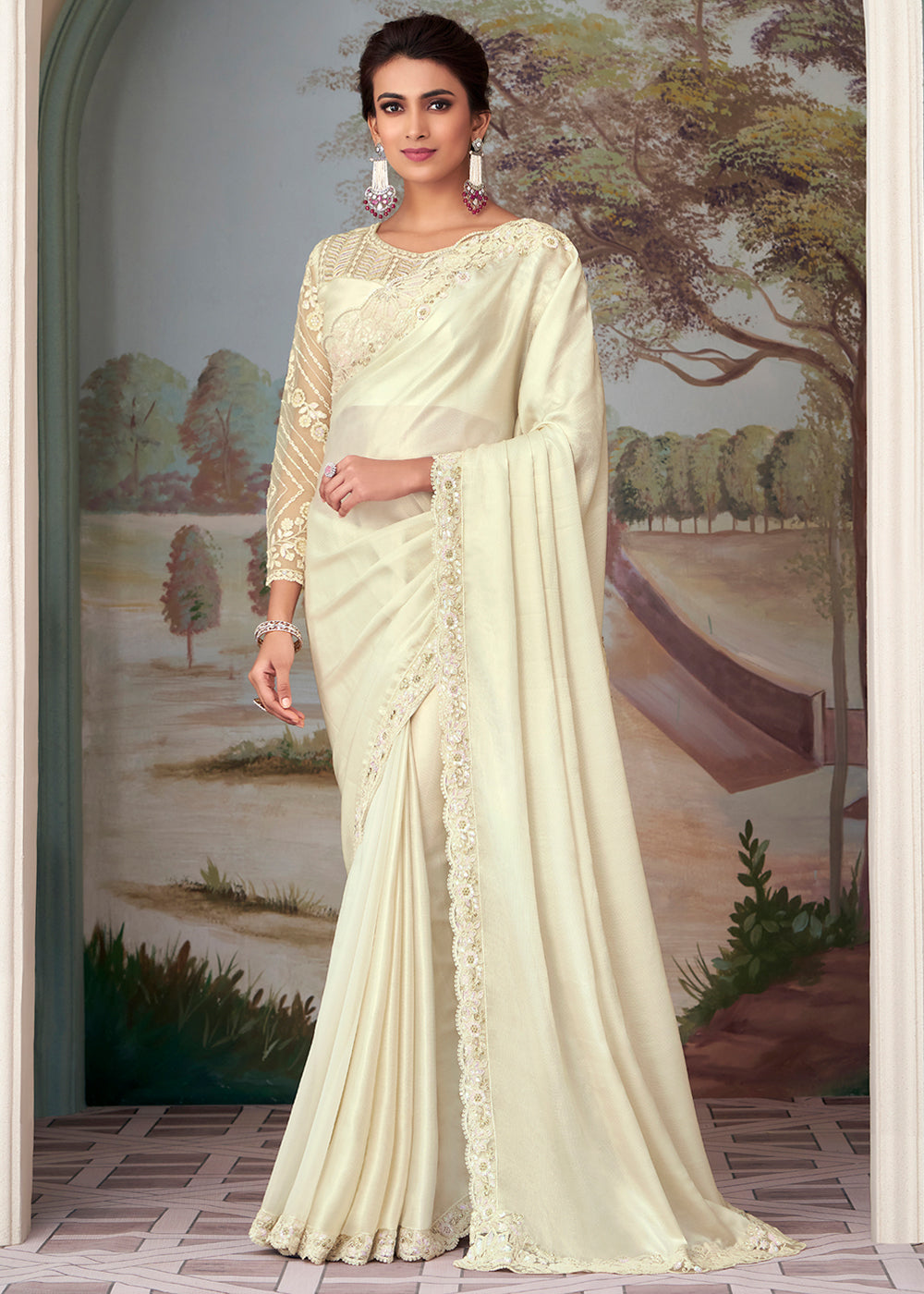 Buy MySilkLove Apricot White Designer Embroidered Satin Silk Saree Online
