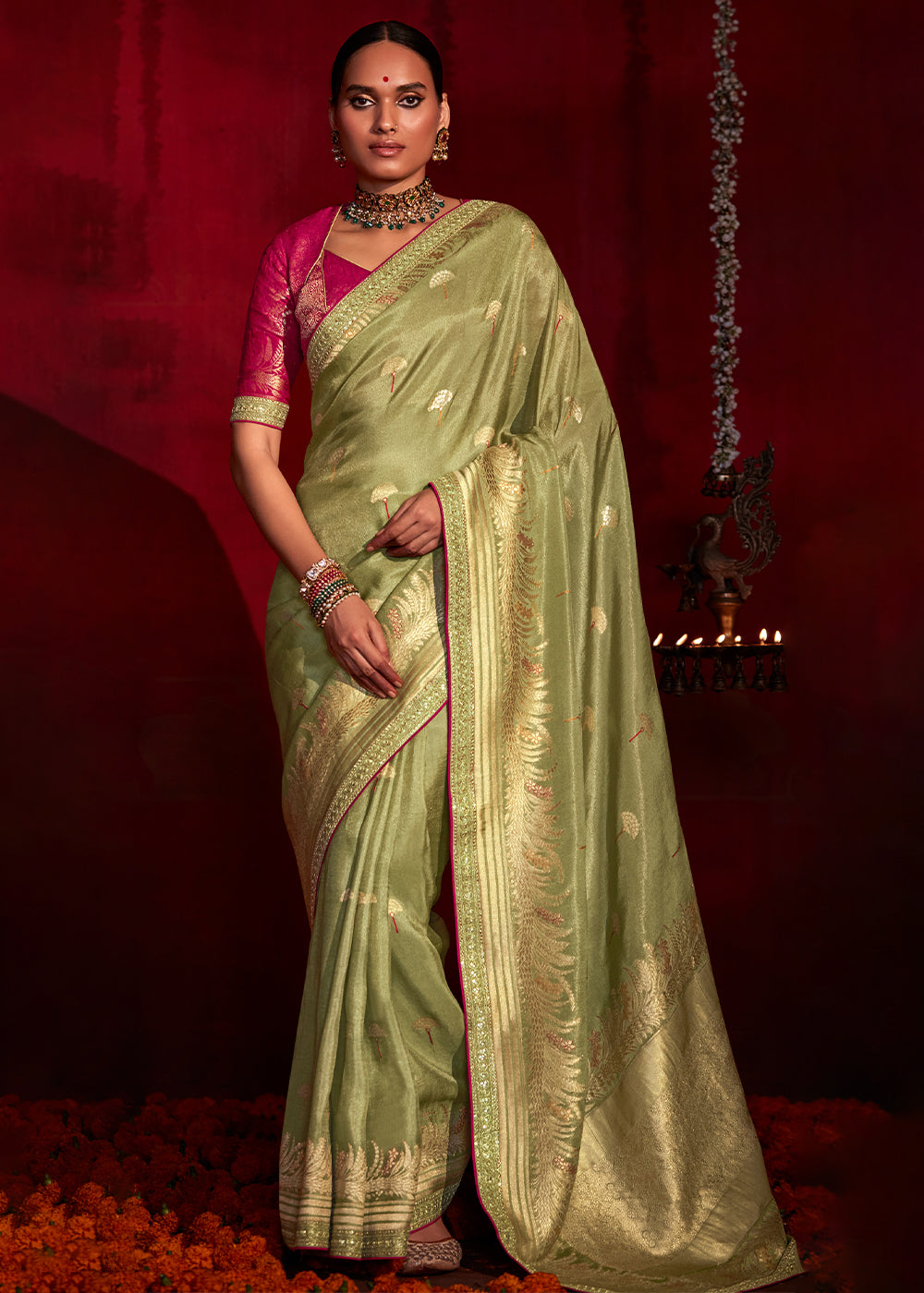 Buy MySilkLove Metal Green Woven Banarasi Georgette Silk Saree Online
