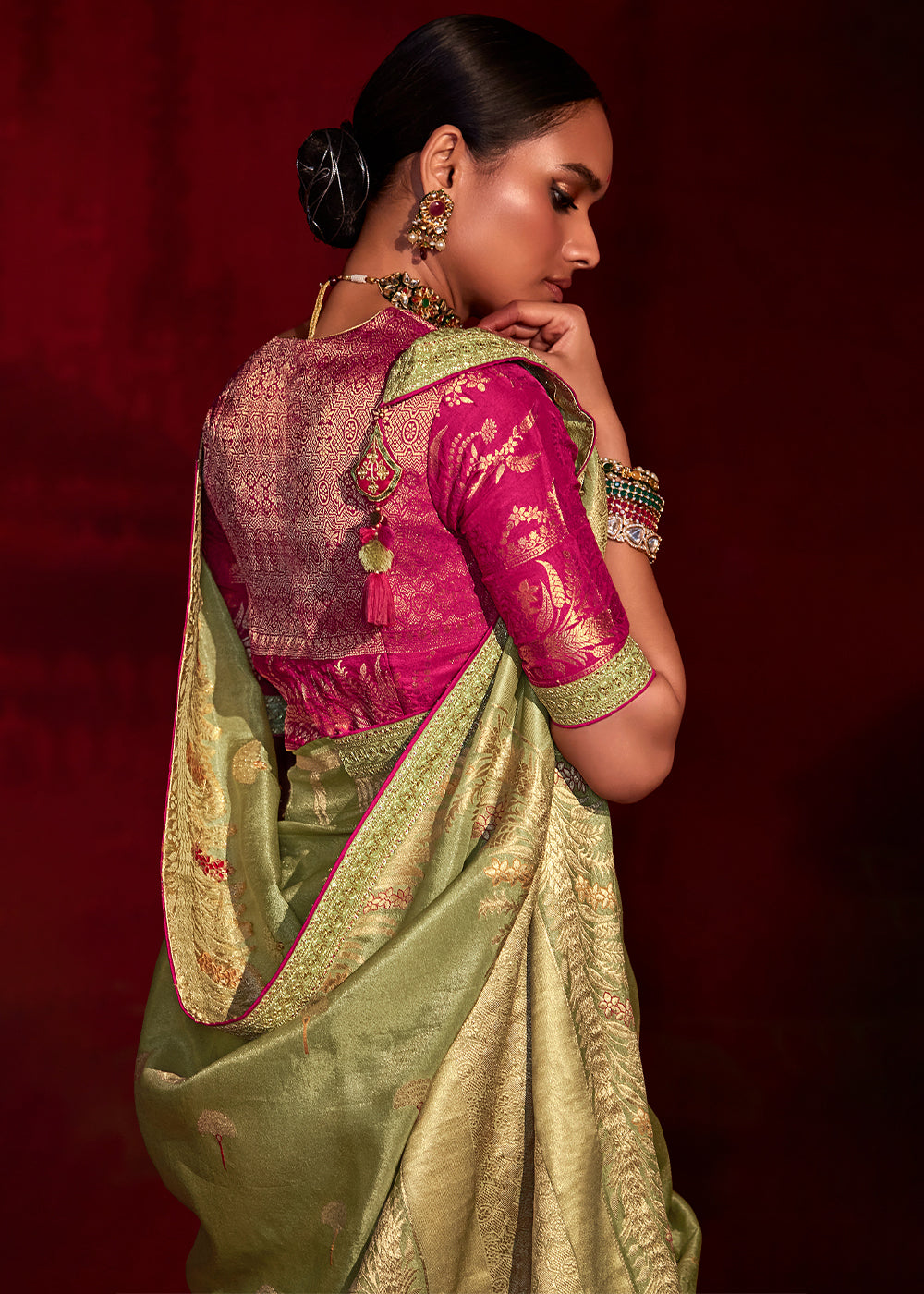 MySilkLove Metal Green Woven Banarasi Georgette Silk Saree