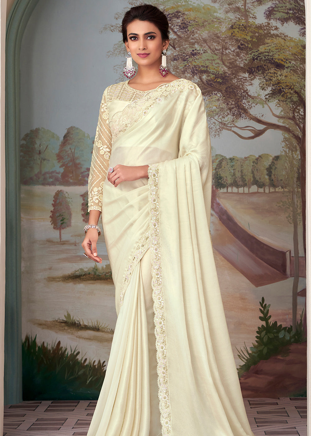 Buy MySilkLove Apricot White Designer Embroidered Satin Silk Saree Online