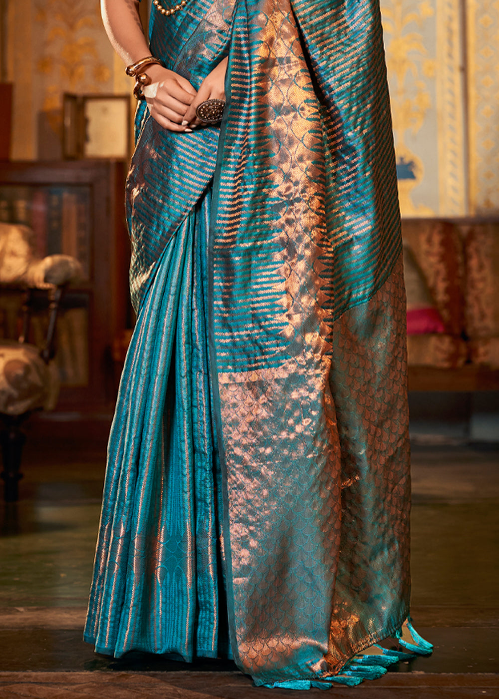 Buy MySilkLove Juniper Blue Zari Woven Kanjivaram Silk Saree Online