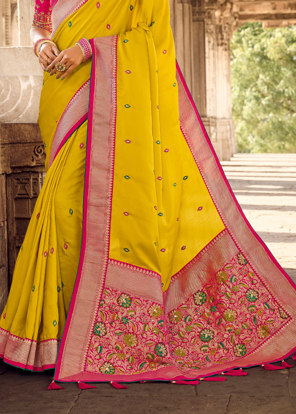 Buy MySilkLove Supernova Yellow Banarasi Woven Silk Saree with Designer Blouse Online