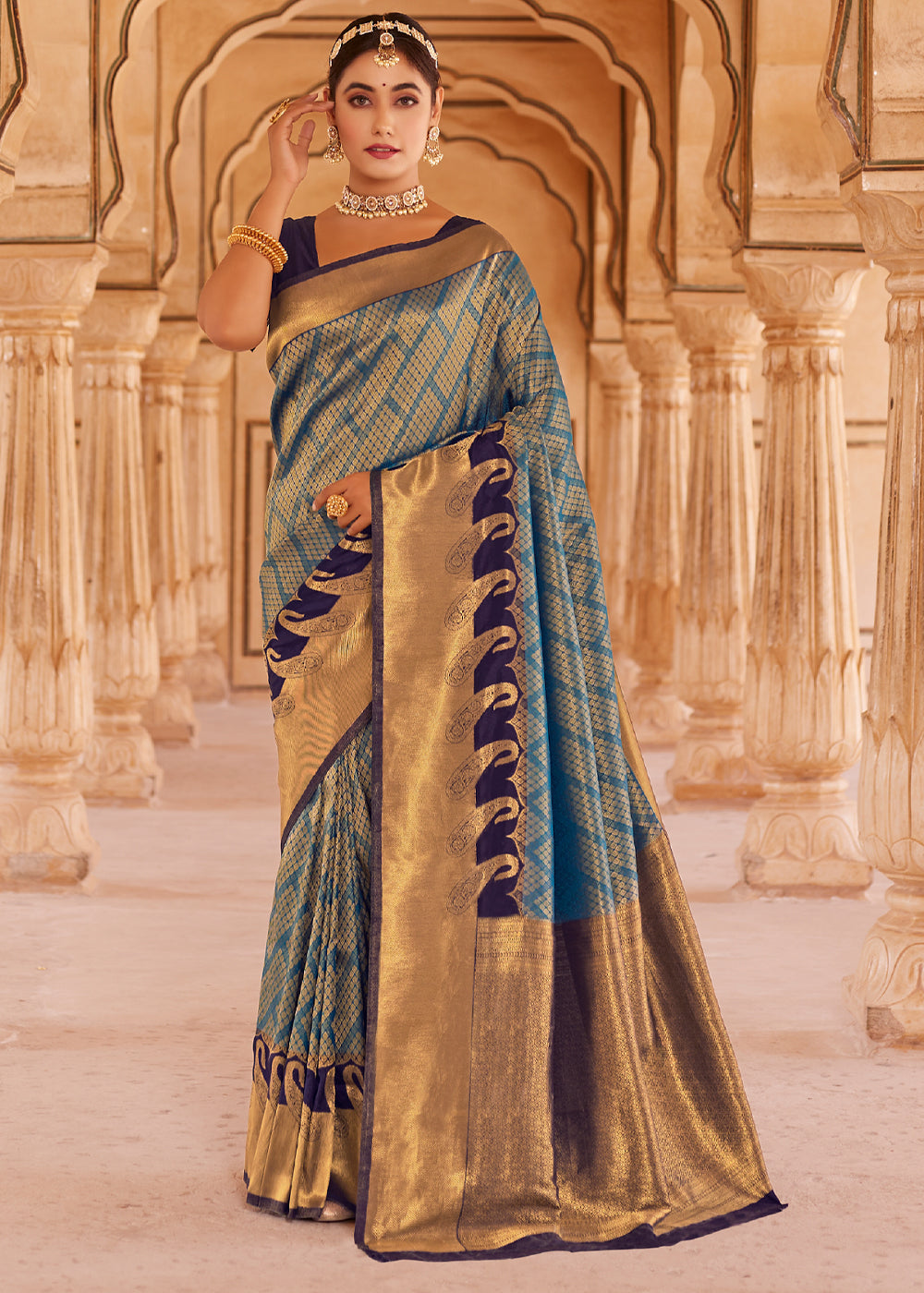 Buy MySilkLove Corduroy Blue and Golden Woven Kanjivram Silk Saree Online