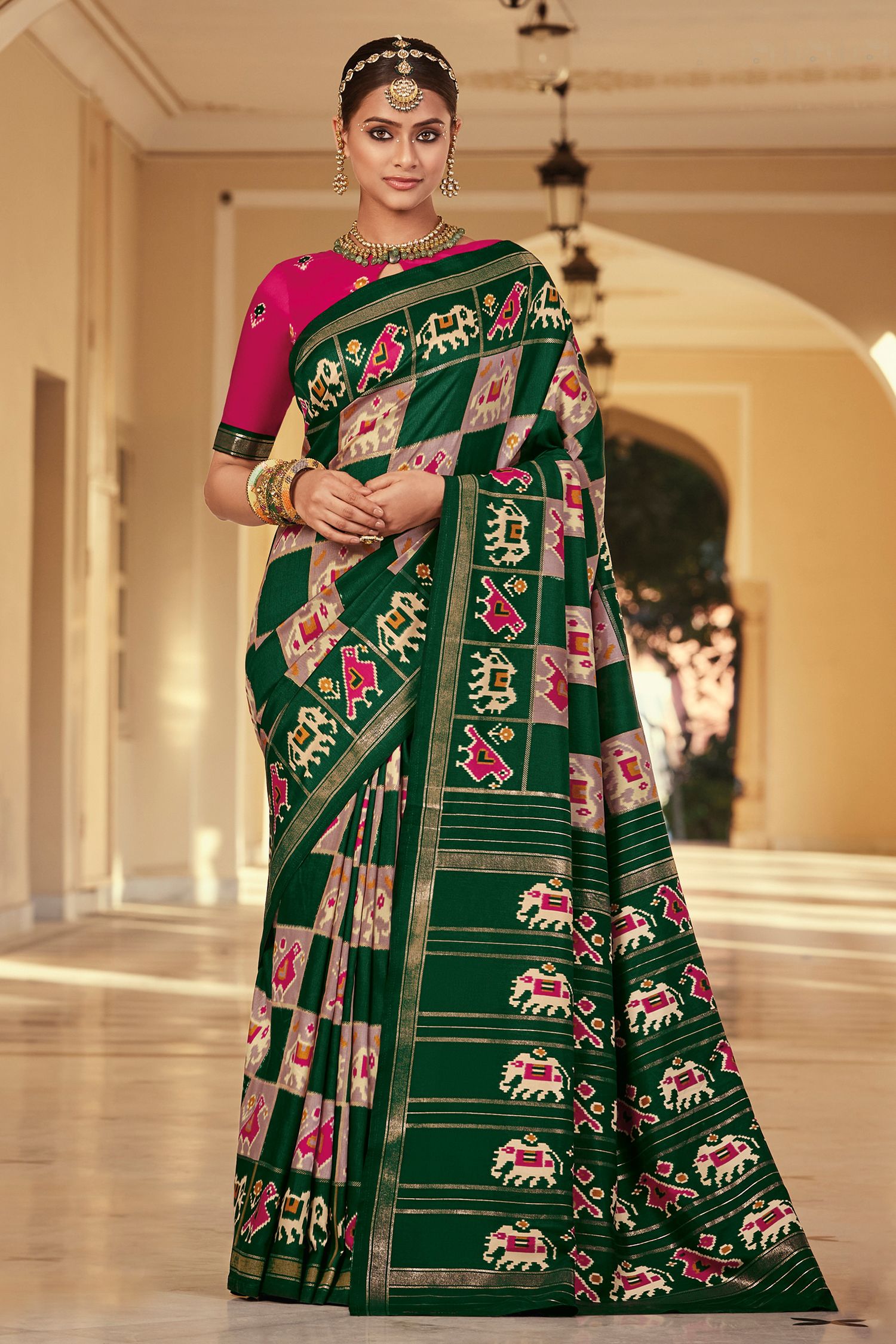 Buy MySilkLove Parsley Green Patola Printed Art Silk Saree Online