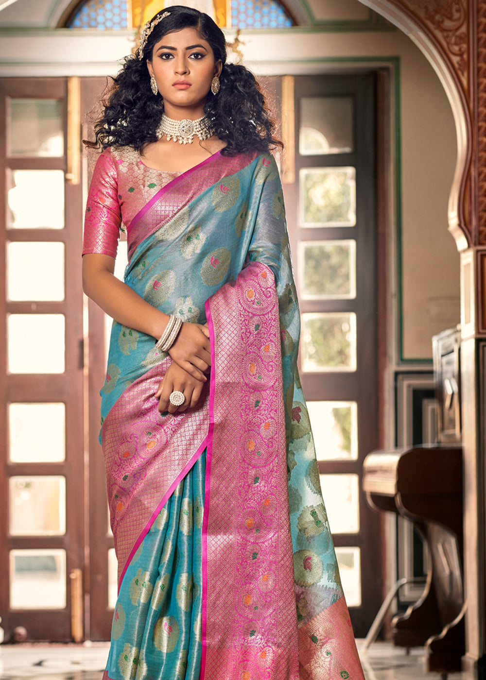 Buy MySilkLove Lynch Blue and Pink Woven Banarasi Organza Silk Saree Online