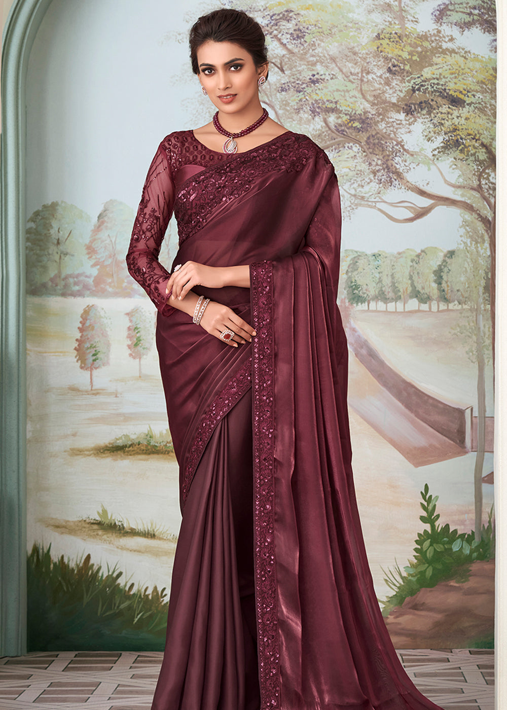 Buy MySilkLove Spicy Mix Maroon Designer Embroidered Satin Silk Saree Online