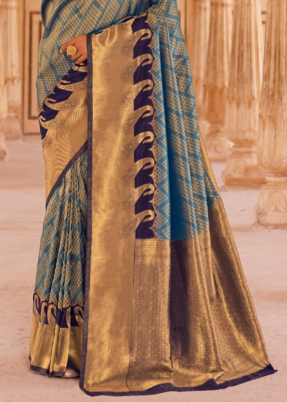 Buy MySilkLove Corduroy Blue and Golden Woven Kanjivram Silk Saree Online