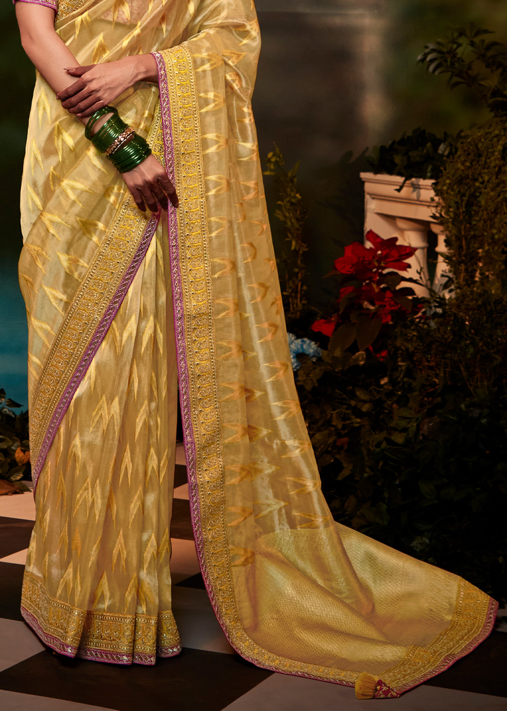 Buy MySilkLove Picasso Yellow and Pink Woven Designer Organza Silk Saree Online