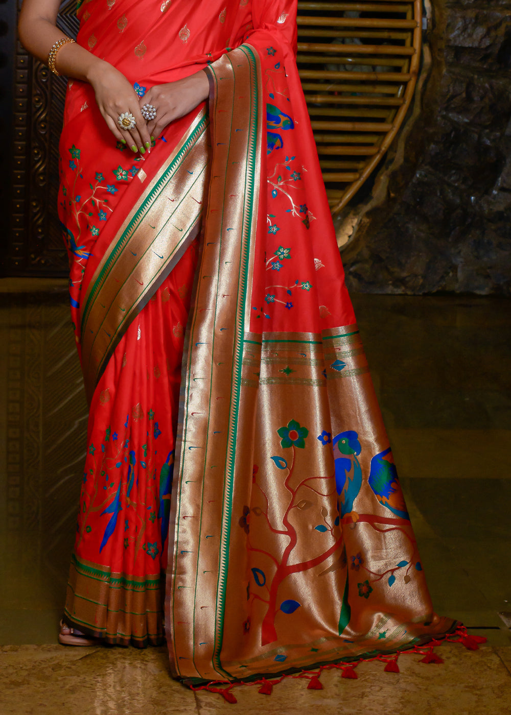 Buy MySilkLove Salmon Pearl Red Woven Paithani Silk Saree Online