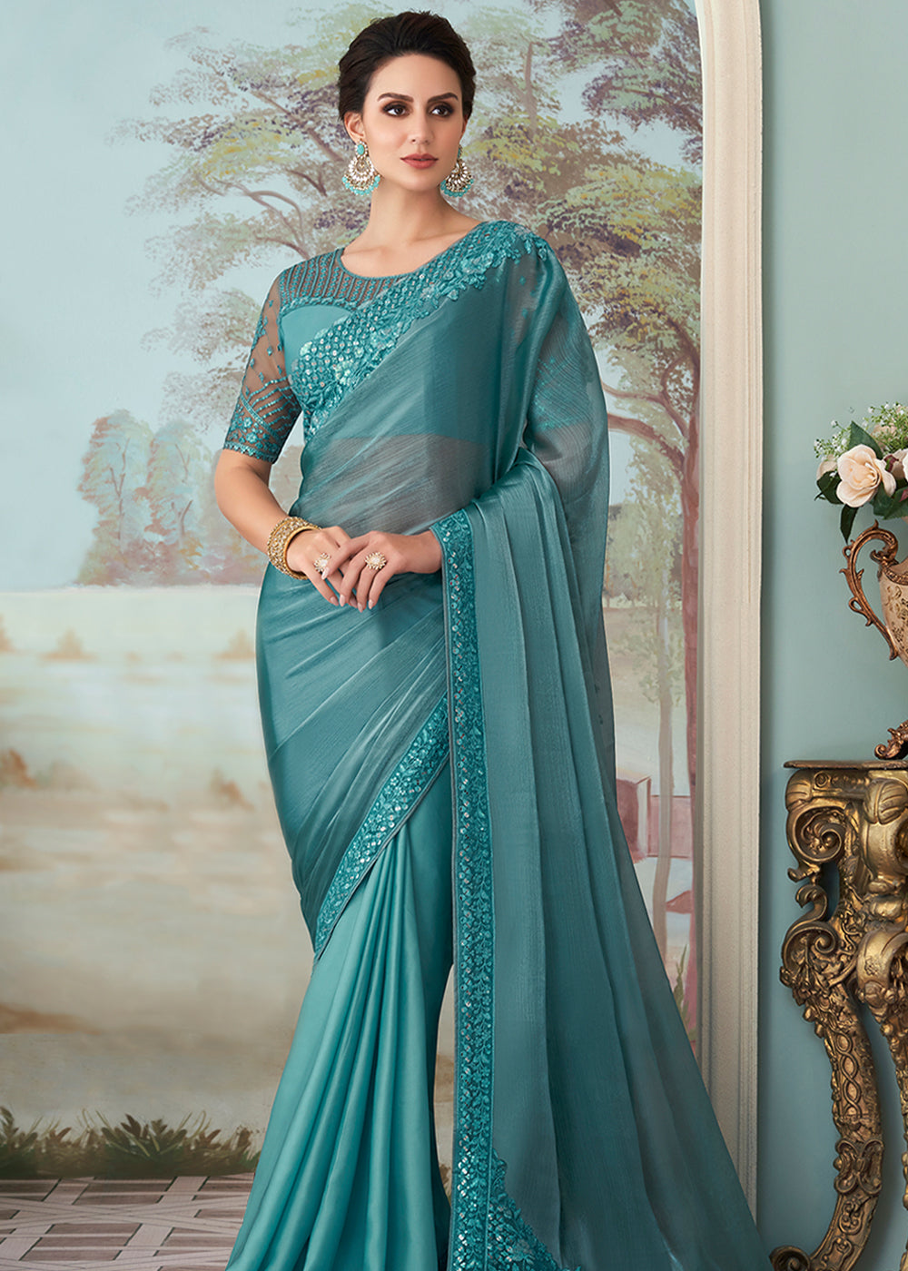 Buy MySilkLove Fountain Blue Designer Embroidered Satin Silk Saree Online