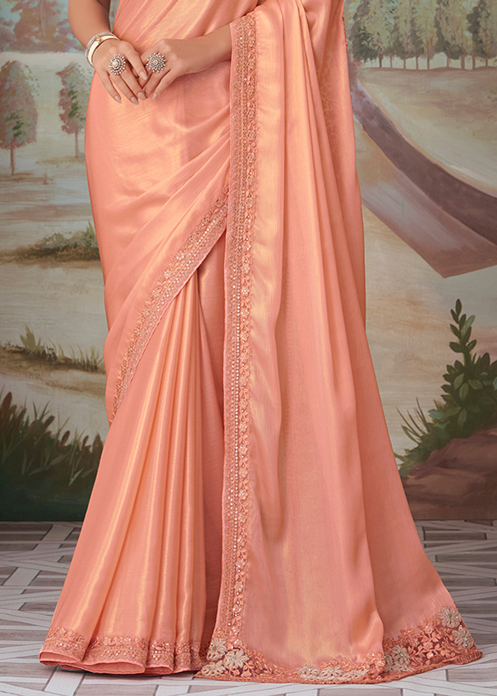 Buy MySilkLove Dark Shine Peach Designer Embroidered Satin Silk Saree Online