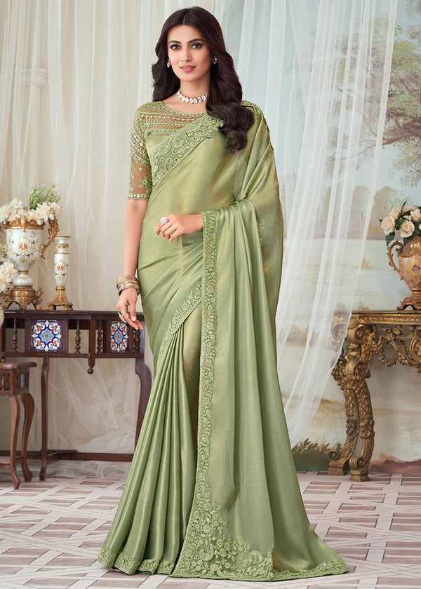 Thistle Green Designer Embroidered Satin Silk Saree