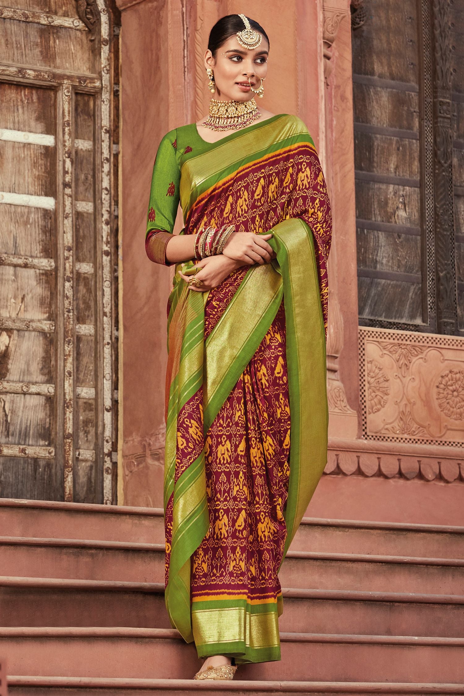 Buy MySilkLove Rust Marron and Green Patola Printed Art Silk Saree Online