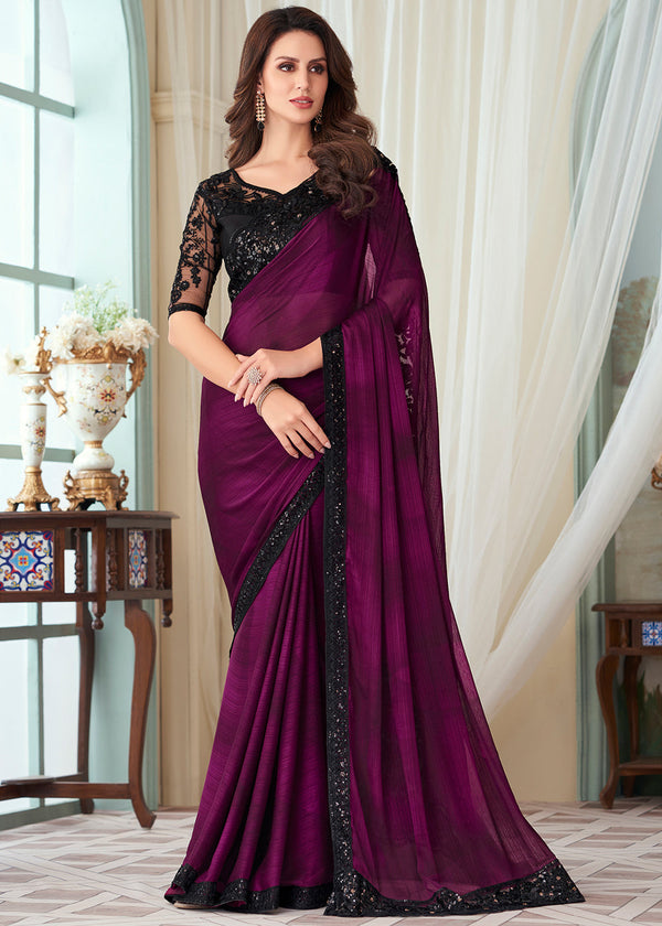 Finn Purple Designer Embroidered Satin Silk Saree