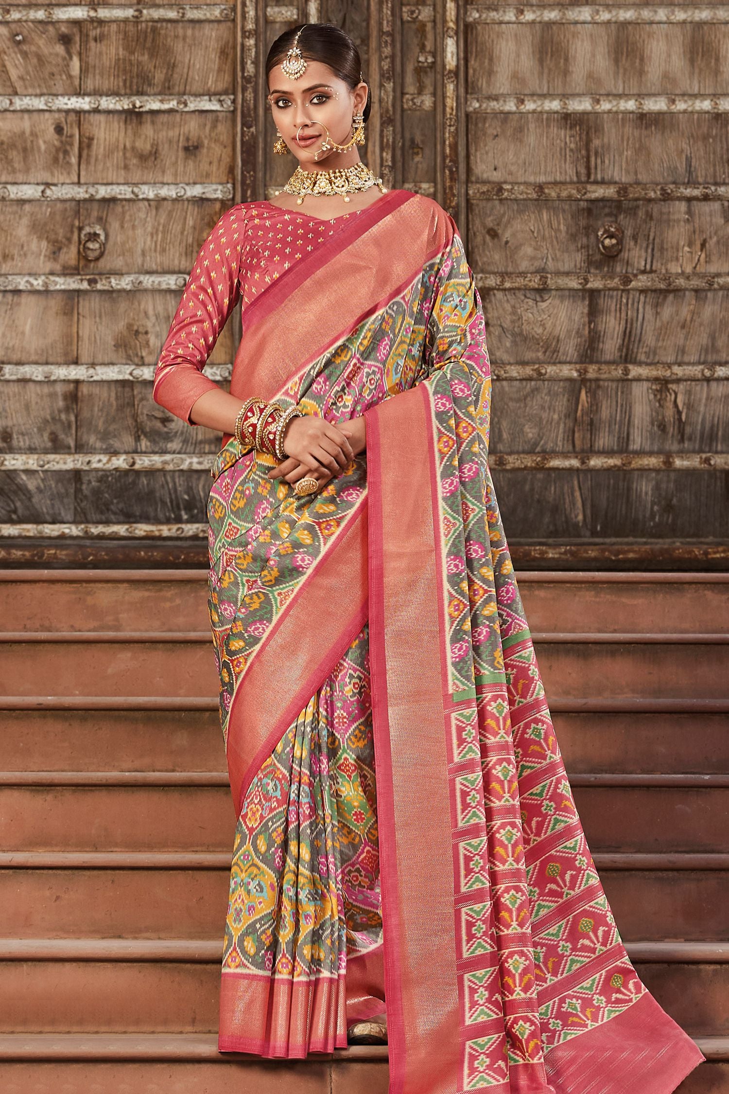 Buy MySilkLove Multicolor Grey Patola Printed Art Silk Saree Online