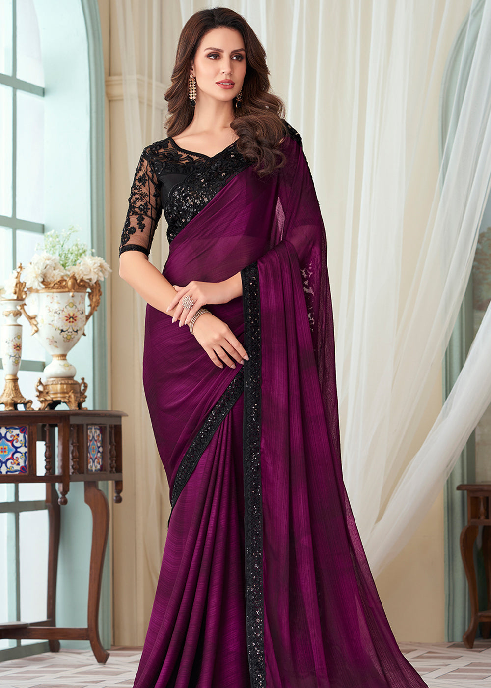 Buy MySilkLove Finn Purple Designer Embroidered Satin Silk Saree Online