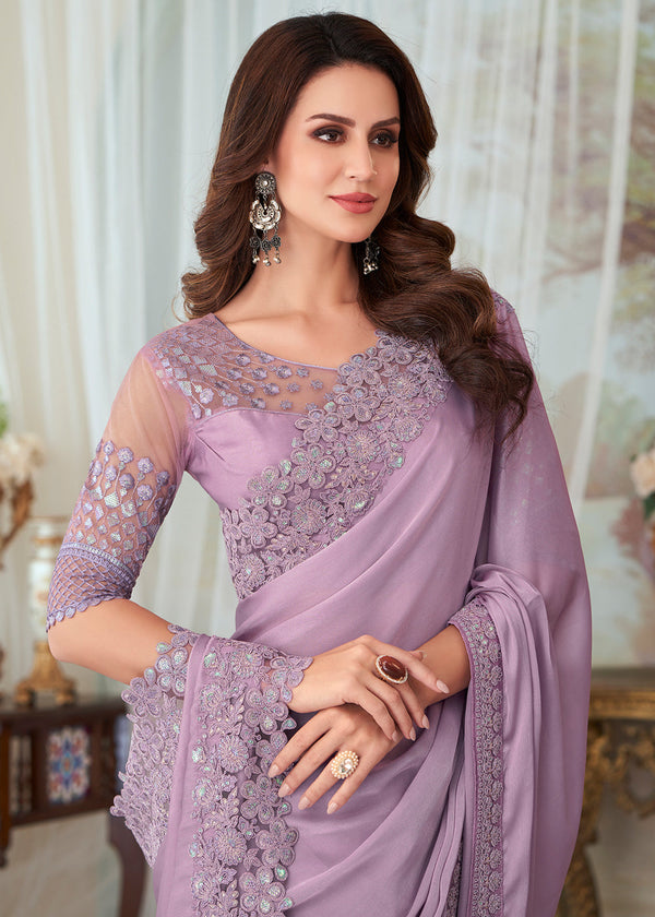Cherub Lavender Designer Embroidered Satin Silk Saree